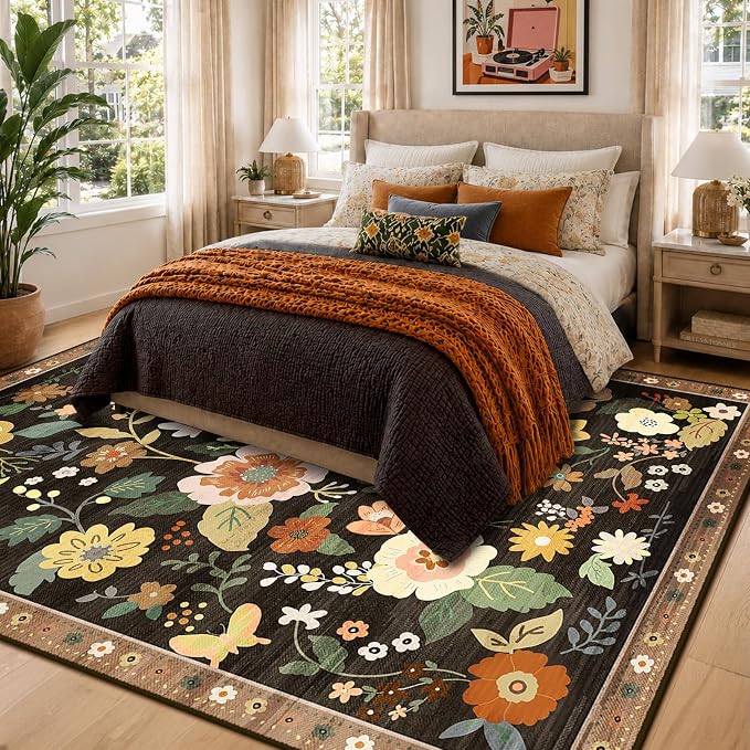 RELEANY Floral Washable 9x12 Area Rugs Black/Yellow | Flower Carpet Print Boho - Image 2