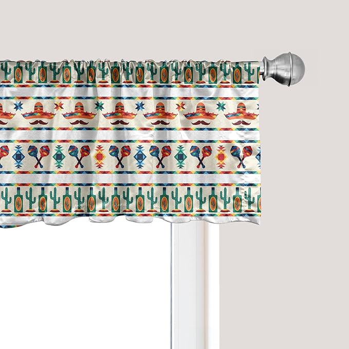 Ambesonne Mexican Window Valance Pack of 2, Latin American Cultural Native Borders Indigenous Saguaro Sombrero Tequila Bottle, Rod Pocket Curtain Valances for Kitchen Bedroom, 54" X 12", Jade Green