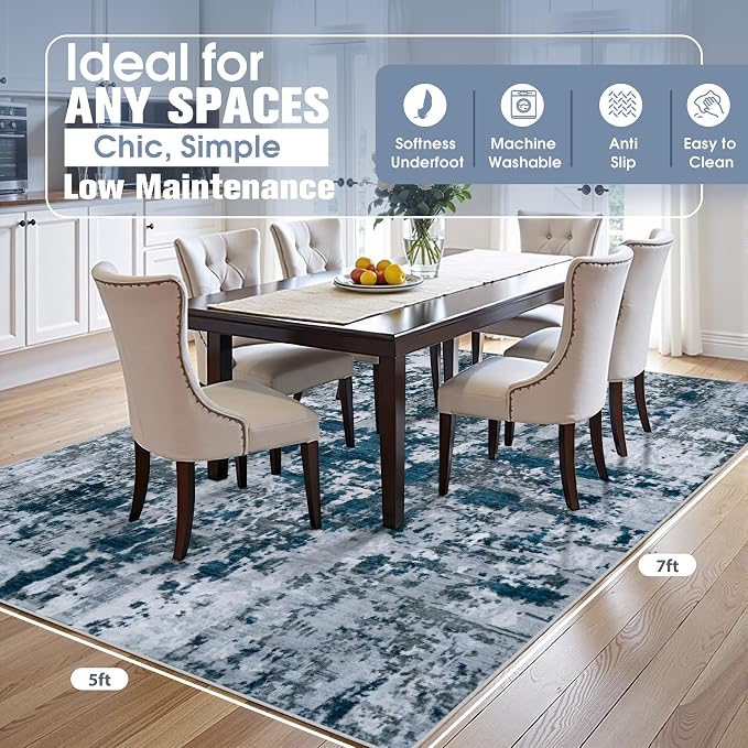 5x7 Area Rugs for Living Room Washable Bedroom Dining Room Navy Grey | Modern - Image 2