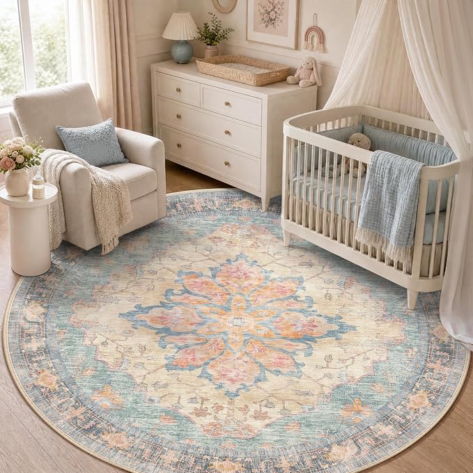 RELEANY Washable Area Rug, Round 5ft, Water Repellent, Pet Friendly, Vintage by RELEANY
