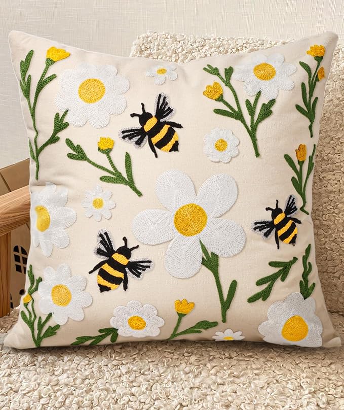 Embroidered Throw Pillow Cover 18x18 Inch, Flower Bee | Decorative Pillow Cover by Kokaaee