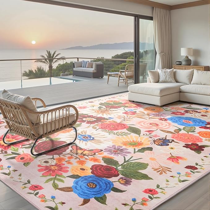 Blush Floral Area Rug 10x14 for Living Room Bedroom | Low Pile; Non Slip; by WelcometoBabovid