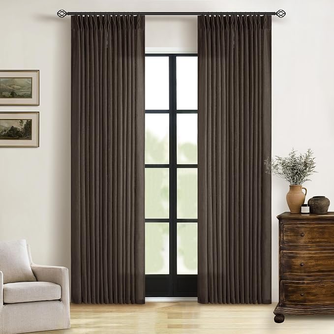 Dark Chocolate 80 Inch Pinch Pleated Semi Sheer Linen Curtains 2 Panels | by Twodrapes