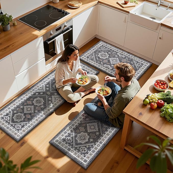 HEBE Boho Kitchen Rugs Set of 3, Non Slip Washable Kitchen Mats - Image 9