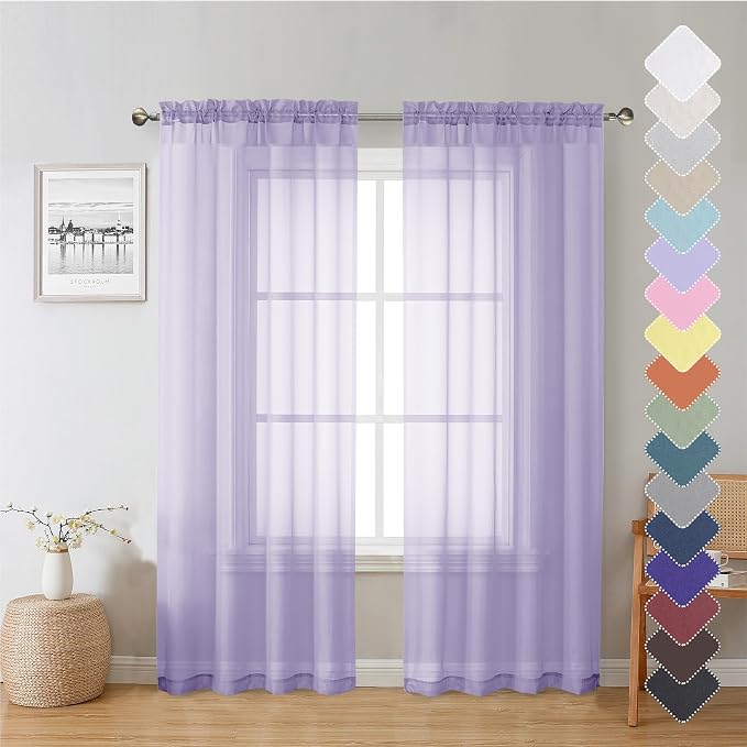 72 Inch Light Purple Sheer Curtains & Panels Set of 2, Airy & Breathable Solid by Lecloud