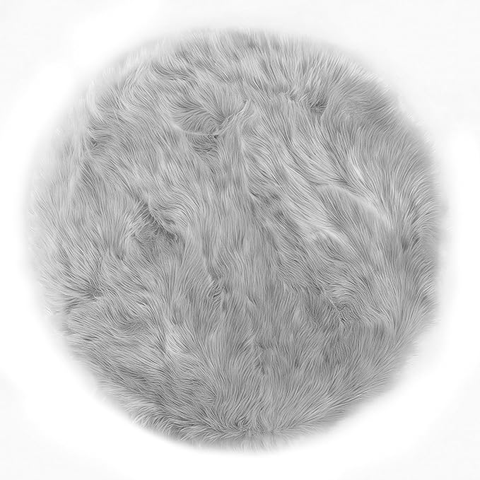 Latepis Round 3ft Small Fur Rug Grey Fluffy Faux Sheepskin Cute Circle Rugs by Latepis