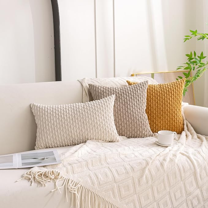 Set of 4 Beige Brown Coffee Decorative Throw Pillow Covers 20x20 Inch Corduroy - Image 3