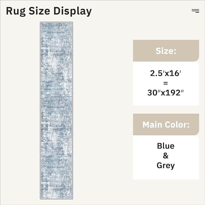Soalmost Hallway Runner Rug 2'6" x 16' Kitchen Rugs Abstract Blue/Grey | - Image 5