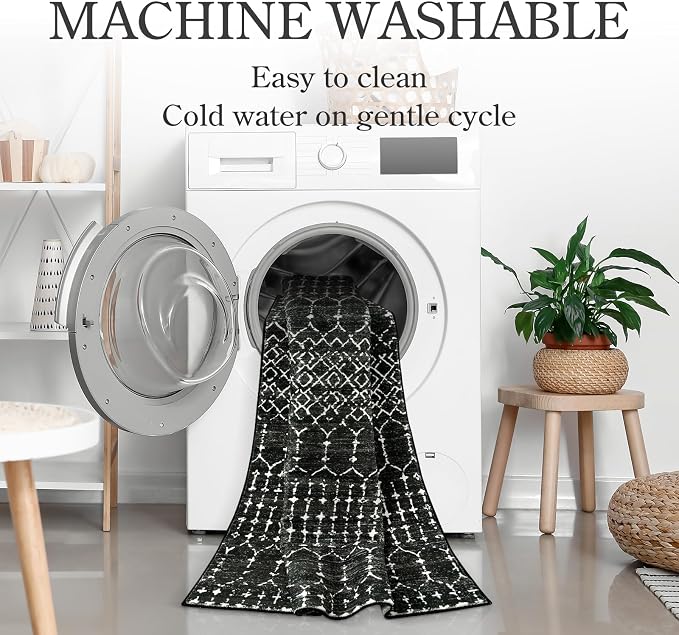 Lahome Moroccan Black Long Runner Washable Hallway Rug, Ultra-Thin Non Slip - Image 3