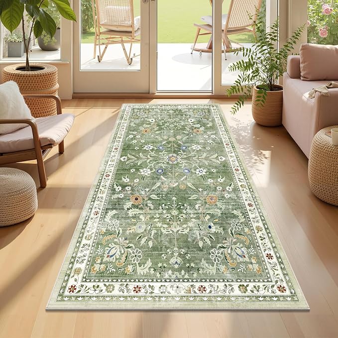 Yamaziot 2x4 Washable Hallway Runner Rug Non Slip Floral Carpet, Sage Green | by Yamaziot