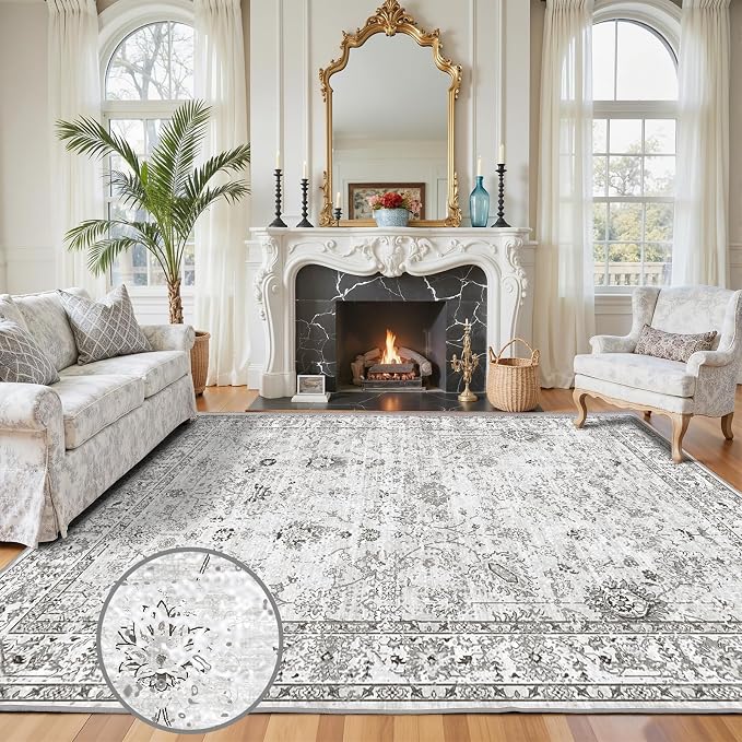 Grey Floral Area Rug 8x10 for Living Room Bedroom | Non Slip; Stain Resistant; by WelcometoBabovid