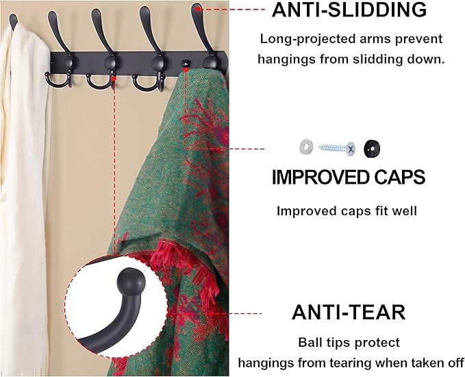 Dseap Coat Rack Wall Mounted - 5 Tri Hooks, Heavy Duty, Stainless Steel, Metal Coat Hook Rail for Coat Hat Towel Purse Robes Mudroom Bathroom Entryway, Blue