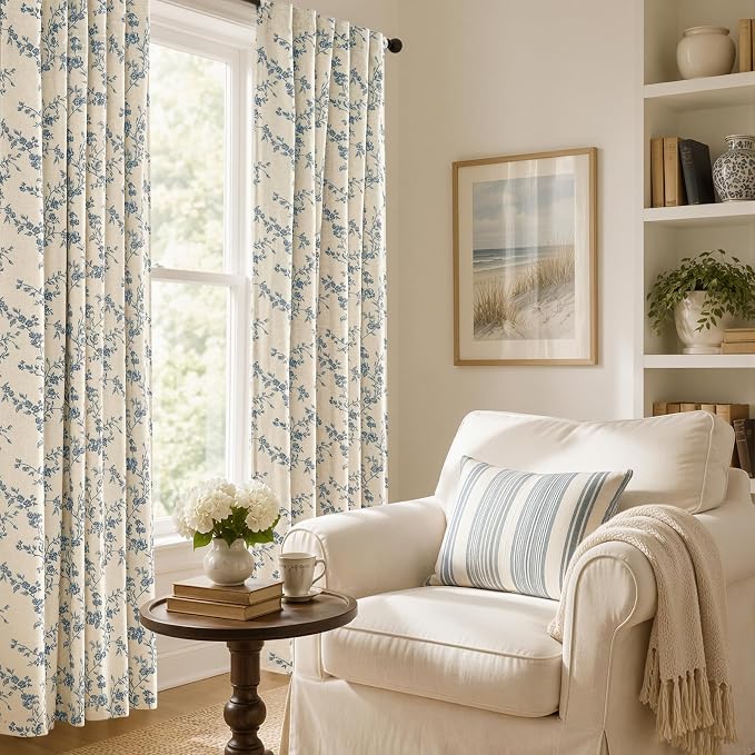 Blackout Vintage Floral Linen Curtains Blue on Beige 50×96 2 Panels | Elisa - Image 7