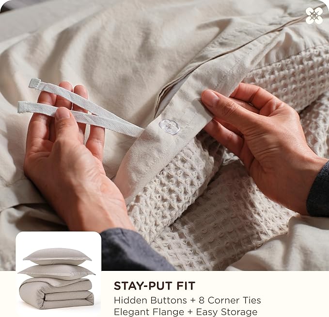 Bedsure Cotton Duvet Cover Queen - 100% Cotton Waffle Weave Linen Color Duvet Cover Queen Size, GentleSoft™ and Breathable Bedding Set for All Season, 3 Pieces, 90"x90"