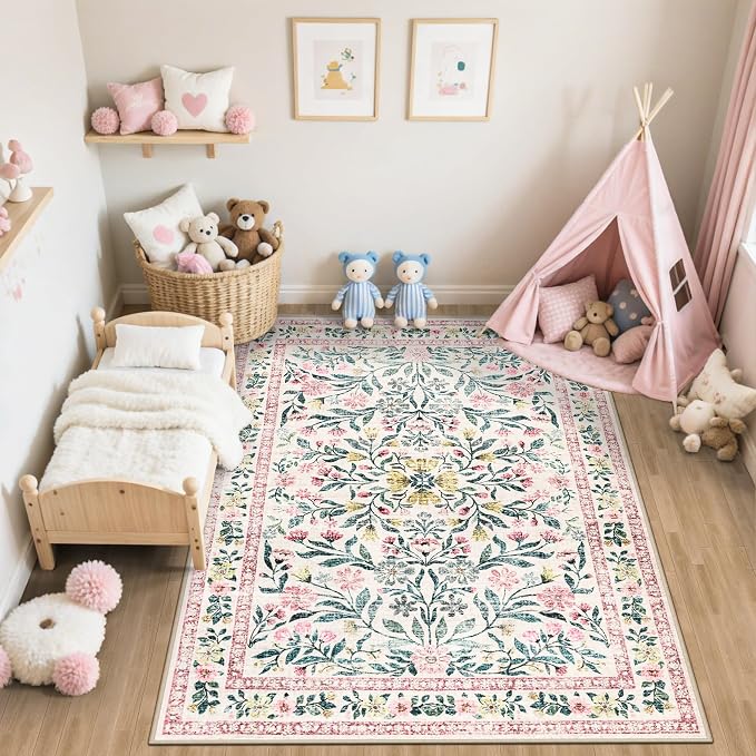 PLHXFR 6x9 Area Rug Living Room: Floral Washable Boho Carpet Pink Green | - Image 5