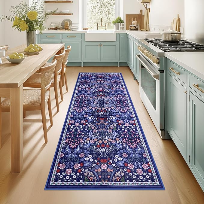 PLHXFR 2.6x8 Washable Runner Rug：Floral Indoor Kitchen Soft Carpet Blue | by PLHXFRSoftAreaRugs
