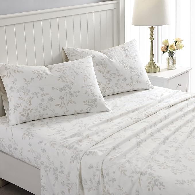 Laura Ashley - Flannel Sheets Full Size, Anti-Pilling & Wrinkle Resistant Cotton, Touchably Soft for All-Season Comfort - Bed Sheets with Matching Pillowcases & Fitted Sheet (Fawna Grey)