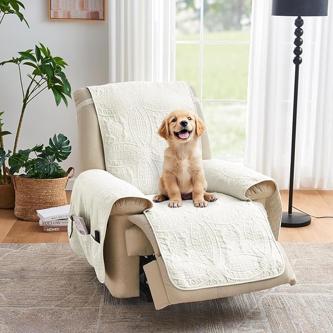 Ivory Recliner Chair Covers, Quilted Décor Water-Repellent Medium Lazy Boy by Pamhaven