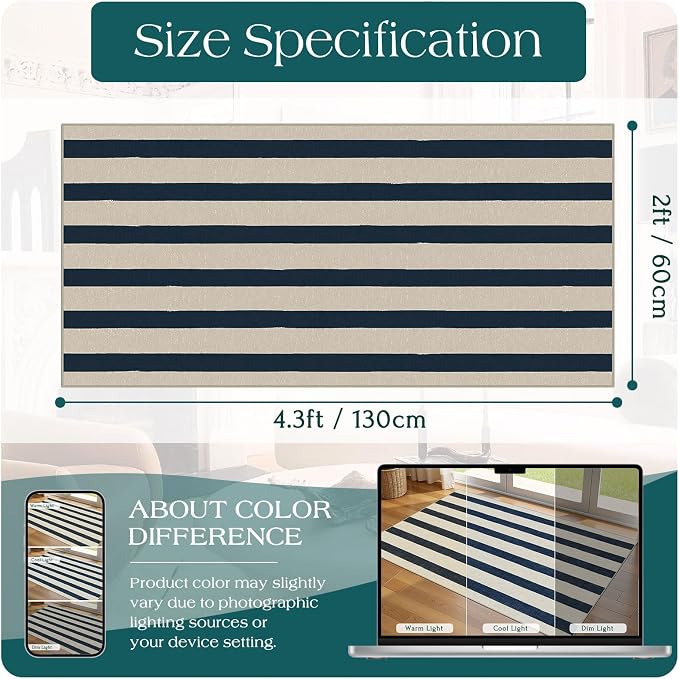 Front Door Mat Indoor Entrance, 2x4.3 Ft Blue and White Striped Rug | Washable - Image 2