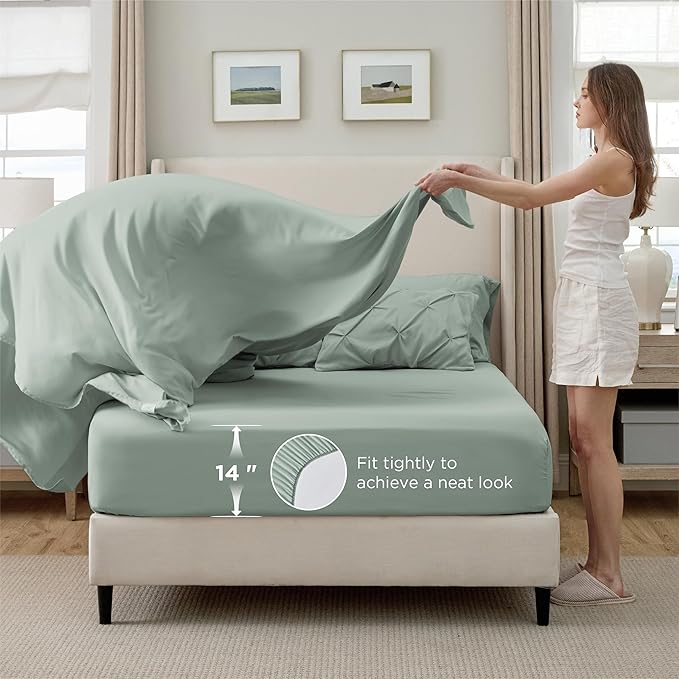 Bedsure Oversized King Comforter Set Sage Green - Bed in a Bag Bedding Set 7 Pieces, GentleSoft™ Pintuck Bed Set Gift for Family, Pinch Pleat Sage Green Comforter with Sheets, Pillowcases & Shams