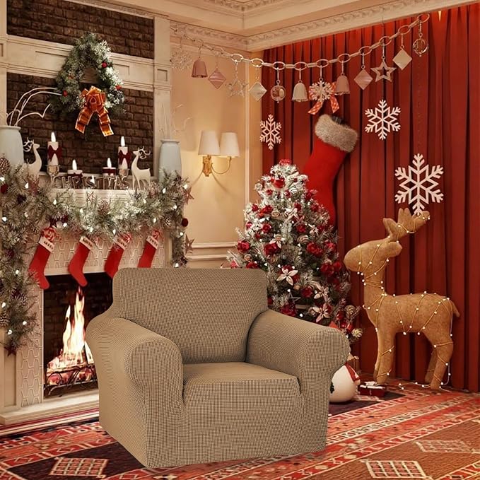 Stretch Chair Sofa Slipcover, Single Couch Cover, Camel | 1-Piece Washable Sofa - Image 2