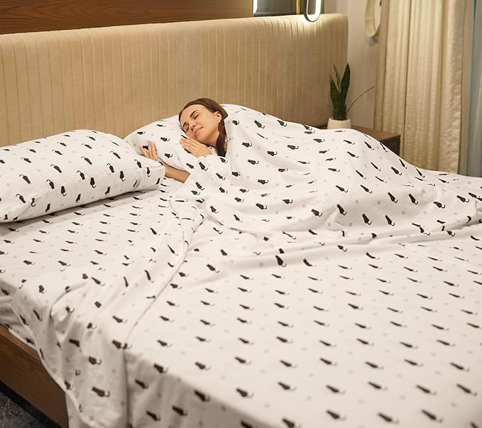 RUVANTI Flannel Sheets King Size - 100% Cotton Brushed King Size Sheets Set - Deep Pockets 16 Inches Bed Sheets - All Seasons Breathable & Extra Soft - Warm & Cozy, 4 Piece, Black Cat