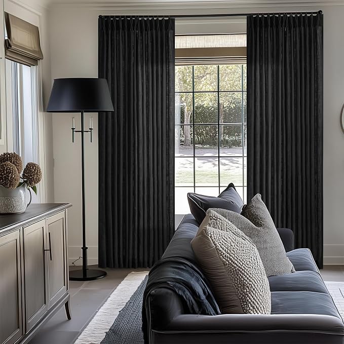 Black Pinch Pleated Linen Semi Sheer 96 Inch Curtains 2 Panels | Light Filtering - Image 7