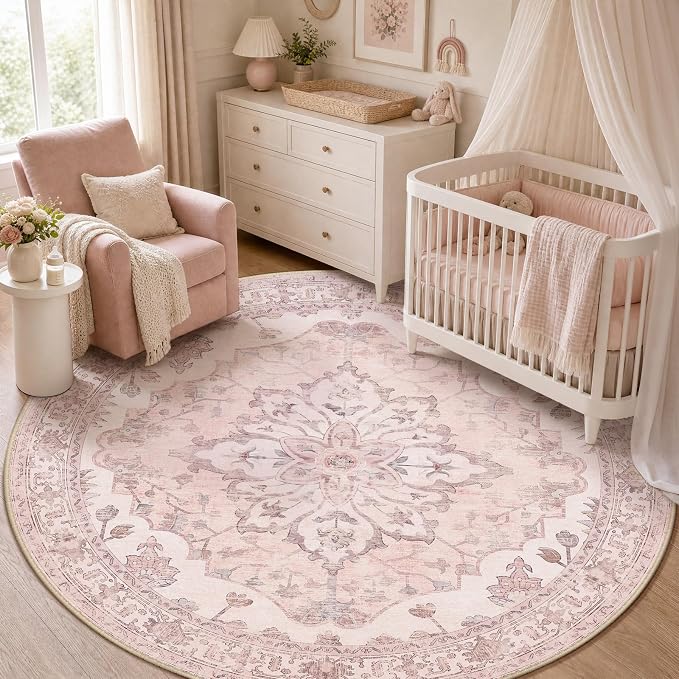 RELEANY Washable Area Rug, Round 5ft, Water Repellent, Pet Friendly, Vintage by RELEANY