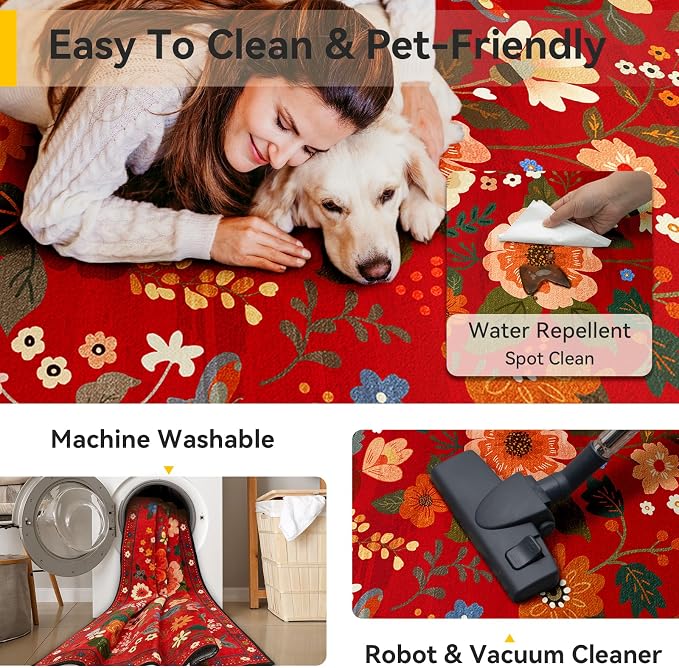 Floral Washable 8x10 Area Rugs Red/Orange | Flower Carpet Print Boho Cute Non - Image 3