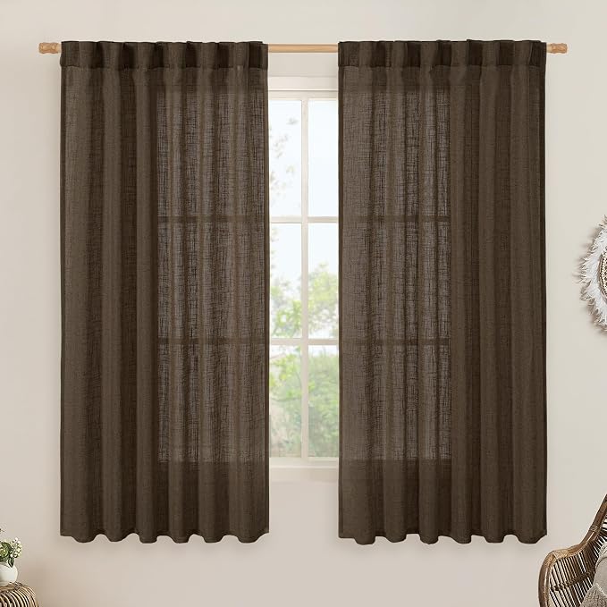 Dark Brown Semi Sheer Linen Curtains 60 Inch, 2 Panels | Light Filtering by LAMIT
