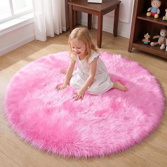duduta Hot Pink Faux Fur Sheepskin Round Rug 4x4 ft, Fluffy Shag Circle Rug | - Image 8