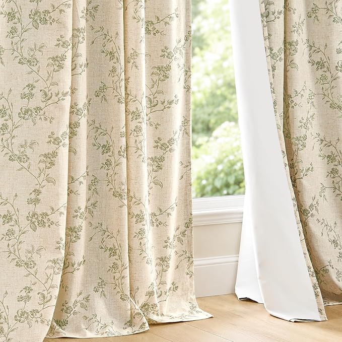 Blackout Vintage Floral Linen Curtains Green on Beige 50×63 2 Panels | Elisa - Image 8