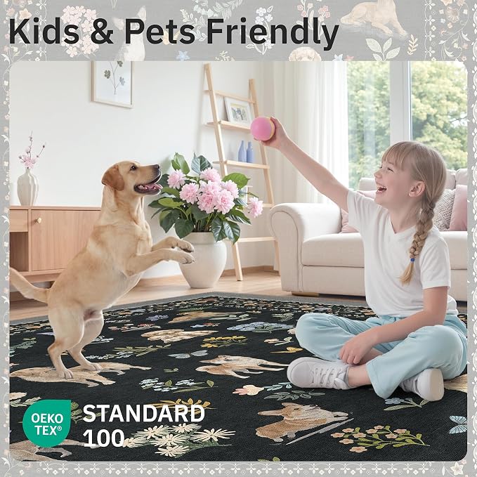 Soalmost Dog 9x12 Area Rugs for Living Room, Washable Animal Soft Rug Black | - Image 5