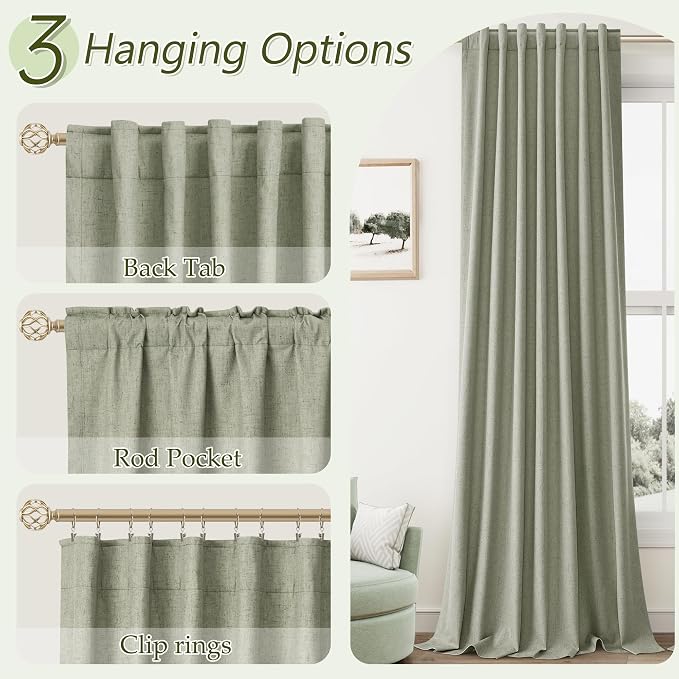 Sage Green 100% Blackout Linen Curtains 102 Inch Length 2 Panels Set - Image 6