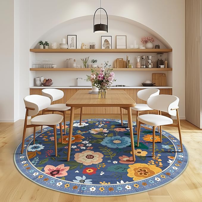 RELEANY Floral Washable Round 6ft Area Rug Blue/Grey | Flower Carpet Print Boho - Image 8