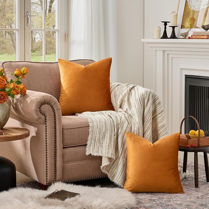 GIGIZAZA Orange Velvet Pillow Covers 18x18 Decorative Pillows Pack of 2 | Throw - Image 3