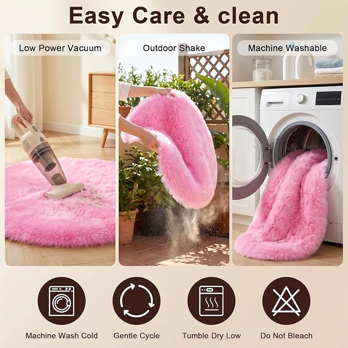 duduta Hot Pink Faux Fur Sheepskin Round Rug 4x4 ft, Fluffy Shag Circle Rug | - Image 4