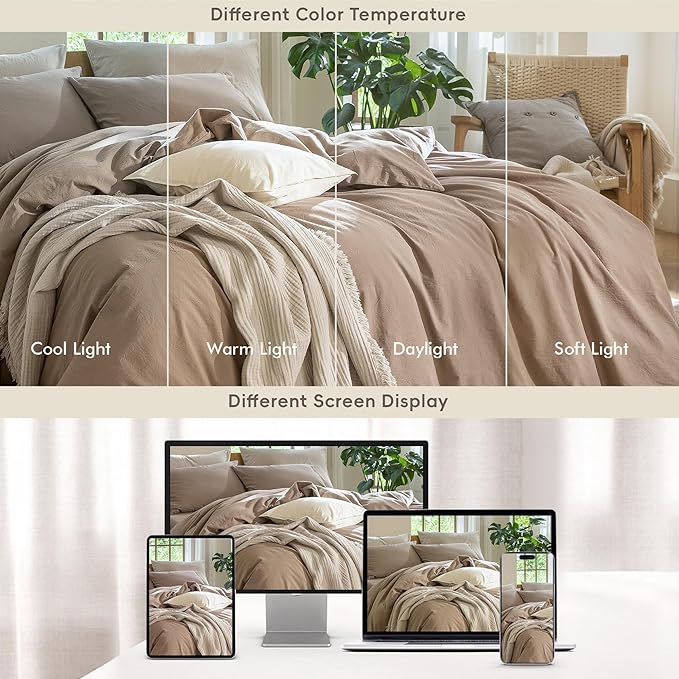 MooMee Bedding Duvet Cover Set 100% Washed Cotton Linen Like Textured Breathable Durable Soft Comfy (Solid Brown, Queen 90"x90")