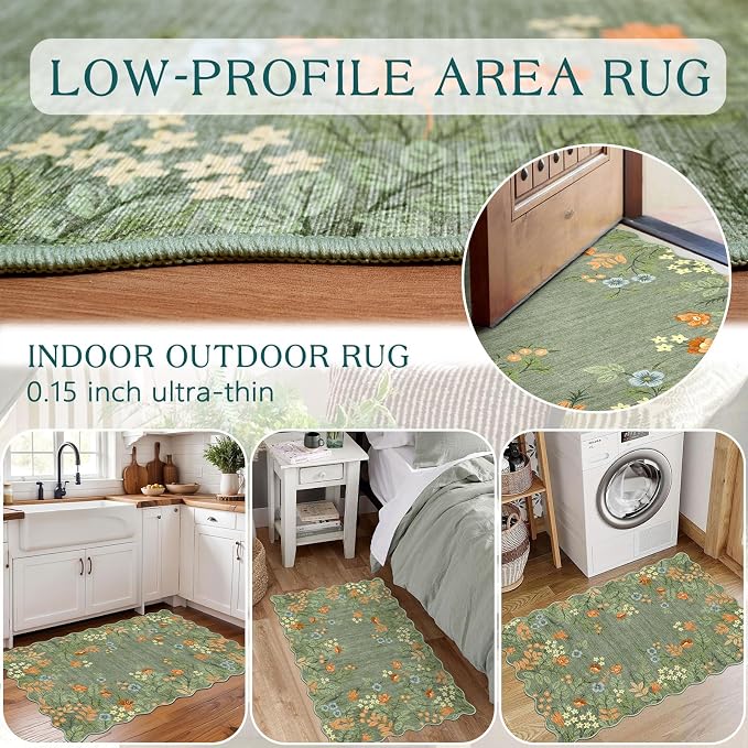 Front Door Mat Indoor Outside Entrance, 2x3 Sage Green Floral Rug | Non-Slip - Image 7