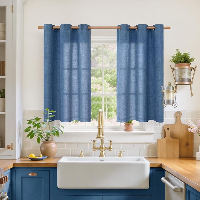 YoungsTex Navy Blue Linen Kitchen Window Curtains 40 Inch Length, Short Light by YoungsTex