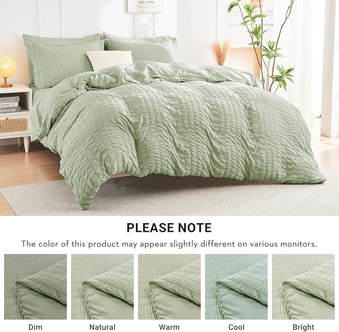HYMOKEGE Light Green California King Comforter Set Seersucker 7 Pieces, All Season Luxury Bed in a Bag for Bedroom, Bedding Set with Comforters, Sheets, Pillowcases & Shams