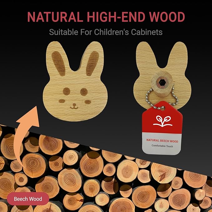 6PCS Wooden Rabbit Shaped Cabinet Knobs, Cabinet Handles, Single Hole Beech Wood Handles, Wood Hooks with Full Set of Screw Accessories