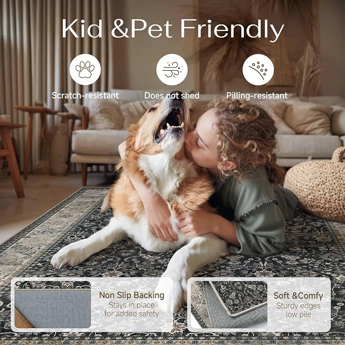 5ft Round Black Beige Vintage Floral Washable Rug - Image 4