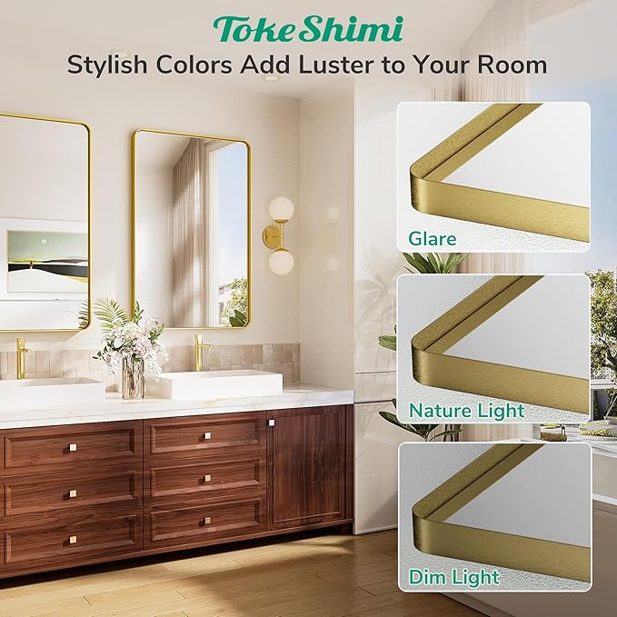 TokeShimi Brushed Gold Vanity Mirror 60x36,Bathroom Mirror Framed Aluminum,Tempered Glass,Rectangle Mirror for Bathroom,Shatterproof Bathroom Wall Mirror(Horizontal/Vertical)