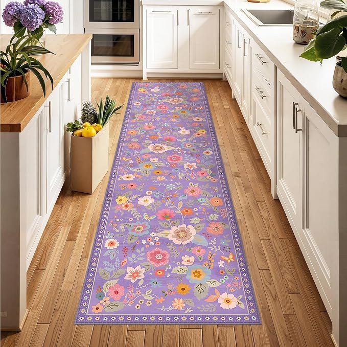 Floral Washable 2x8 Area Rugs Runner Entryway Hallway Purple/Pink | Flower - Image 2