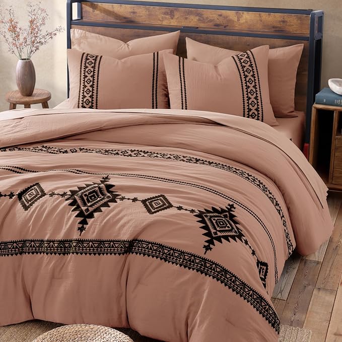 MaiRêve Embroidery Queen Size Comforter Set Dusty Pink, Boho Farmhouse Western Bedding Set 7 Pieces, All Season Bed in A Bag Comforter Set with Sheets, Pillowcases & Shams