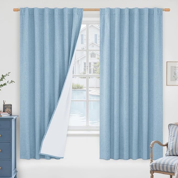100% Blackout Stone Blue Linen Curtains 63 Inches by LAMIT