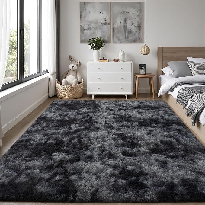 PLHXFR 6x9 Area Rugs Living Room: Fluffy Bedroom Soft Shag Rug Black Grey | - Image 2