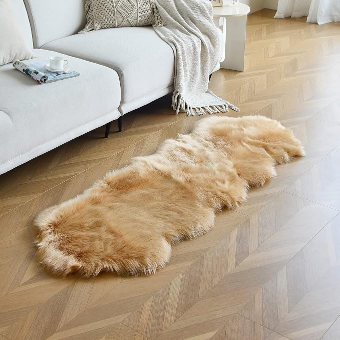 duduta Beige Faux Sheepskin Runner Rugs 2x6 ft, Fluffy Fur Couch Covers | Shag - Image 3