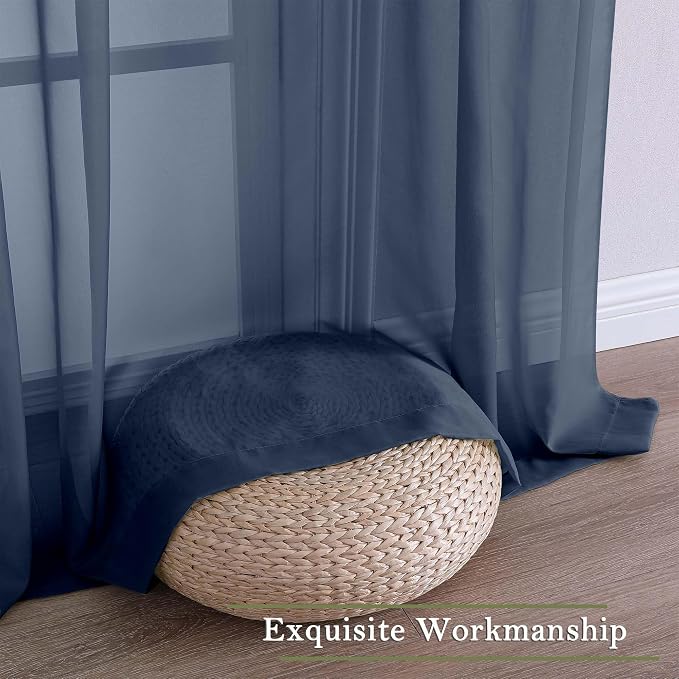 Navy Blue Sheer Curtains 108 Inches Long 2 Pcs, Rustic Farmhouse Dual Rod - Image 7